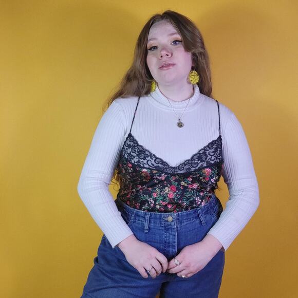 Myonne Black Floral Slip Dress Lace Trim, L - Picture 3 of 4